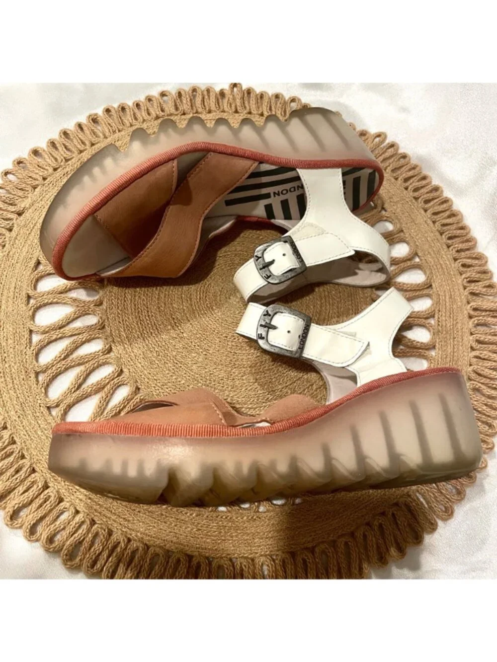 Fly London Bace Platform Wedge Sandal Pink White Leather Size EU 38 Artsy Chic